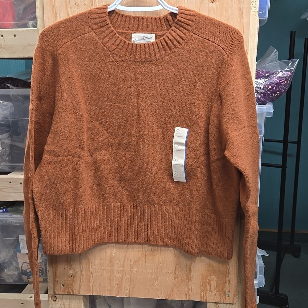Universal Thread Size L Light Brown Crew Neck Oversized Cropped Knit Sweater